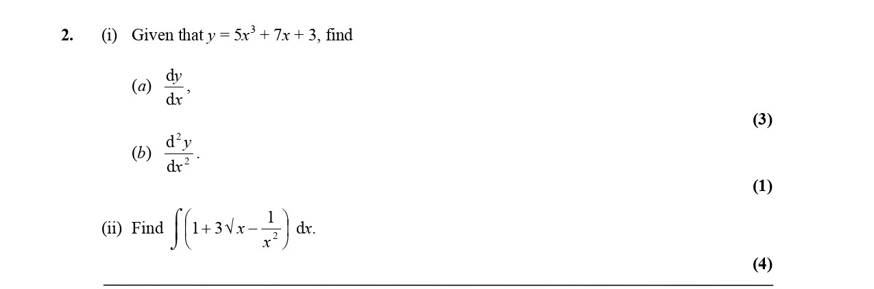 Given-that-$y-=-5x^3-+-7x-+-3$,-find--(a)-$\frac{dy}{dx}$-Edexcel-A-Level Maths Pure-Question 6-2005-Paper 2.png